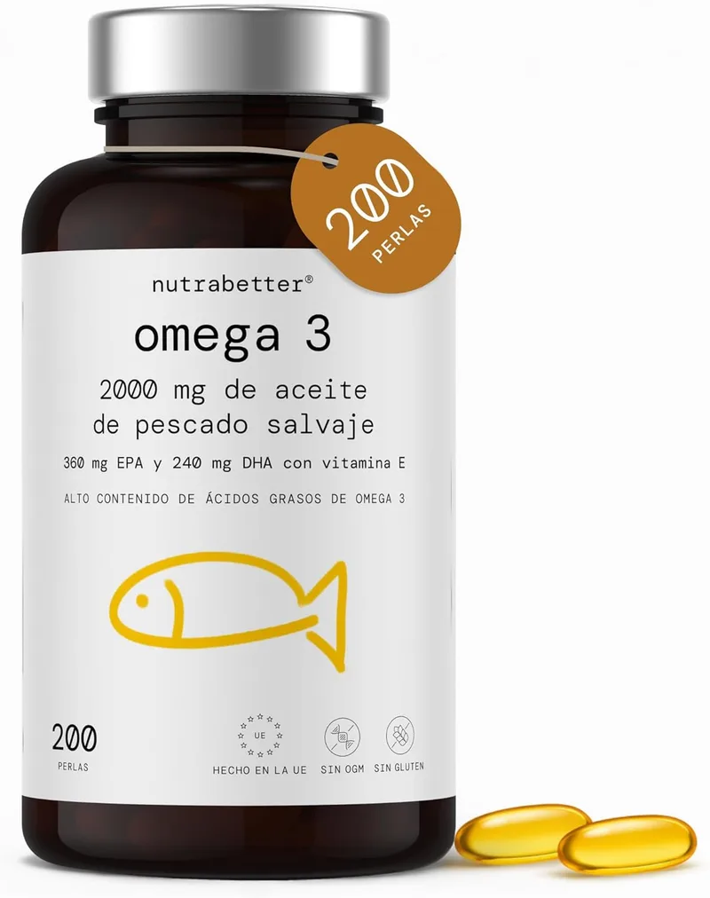 NUTRABETTER ▫️ Cápsulas de ómega 3 2000 mg | 200 cápsulas | 600 mg de ómega 3 puro + vitamina E | Qualidade testada | Ácidos gordos ómega 3 para a saúde cardíaca, cerebral e da pressão arterial | ®