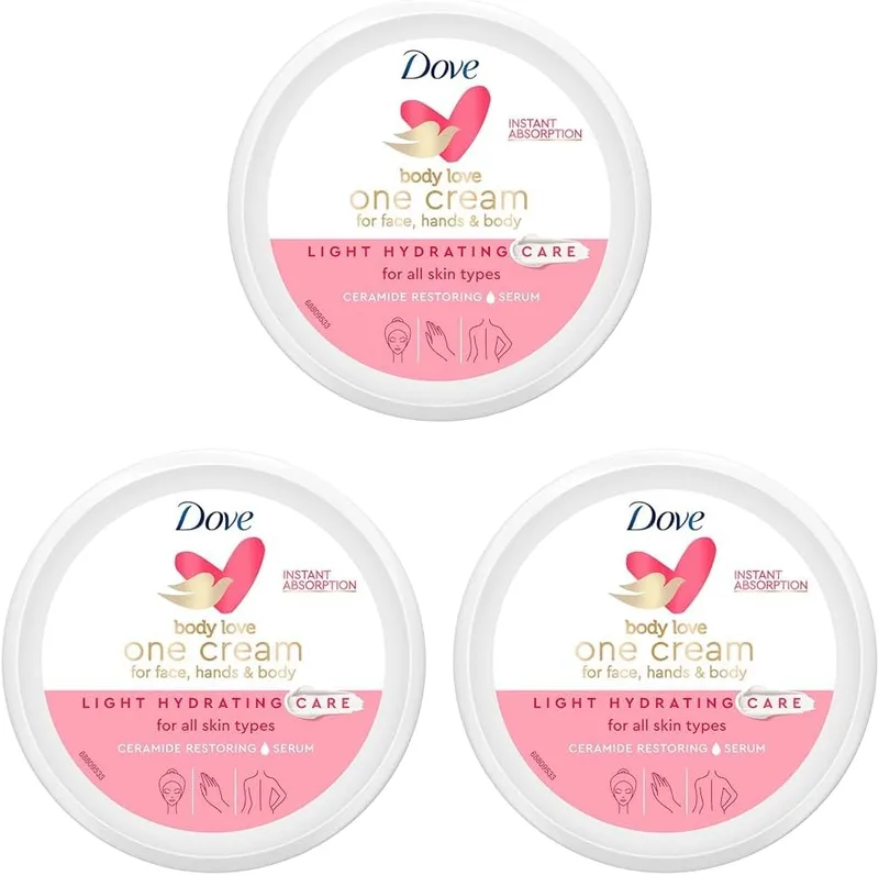 Dove ▫️ Light Moisturising Body, Hand and Face Cream para todos os tipos de pele com Ceramide Restore Serum 24h Moisturising 250ml (3 unidades)