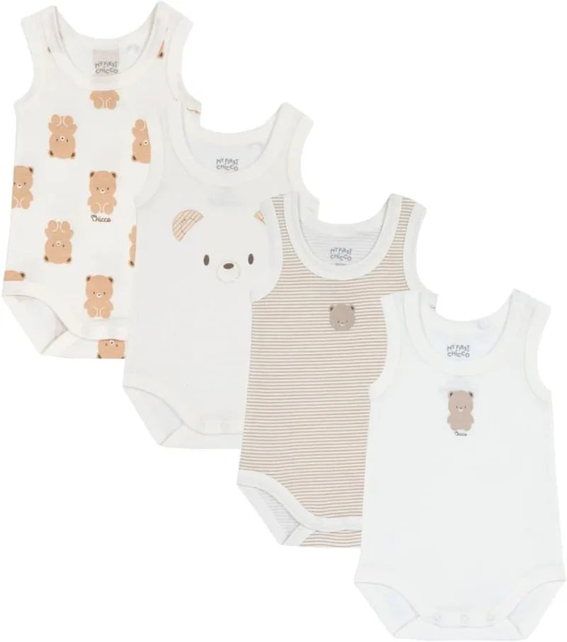 Chicco ▫️ Conjunto de 4 bodies sem mangas 100% algodão com fenda confortável, roupa para bebé menino e menina 0-3 meses, Ideias para prendas de nascimento