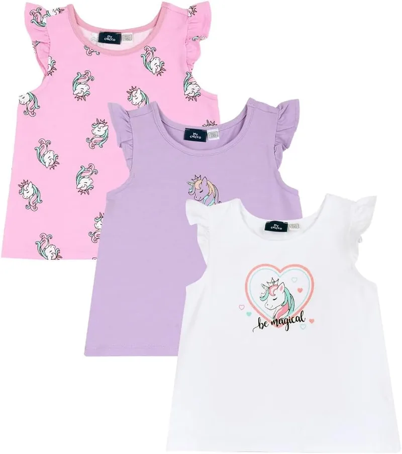Chicco ▫️ T-Shirt para rapariga, Conjunto de 3 T-Shirts de manga curta, 100% algodão, Ideal para a primavera e o verão, Roupa de menina, Concebido em Itália