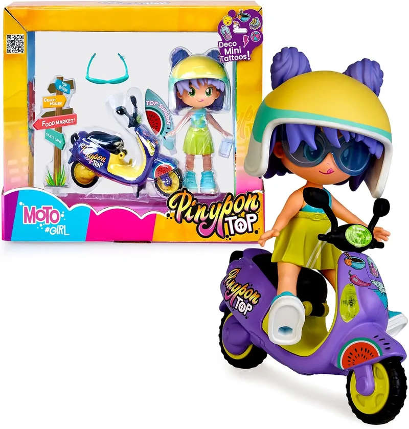 Pinypon TOP ▫️ Moto Girl, Figura articulada nos braços e pernas, Conjunto da Top Girl com a sua mota, Inclui capacete e óculos, Roupa e sapatos intercambiáveis, Duas faces e decoração, +4 anos, Famosa (PNN03000)