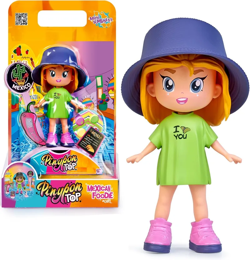 Pinypon TOP ▫️ Rapariga Mexicana Foodie, Rapariga TOP com tema mexicano, figura articulada com braços e pernas, dupla face e roupas e sapatos intercambiáveis, envelope com acessórios, +4 anos, Famosa (PNN01100)