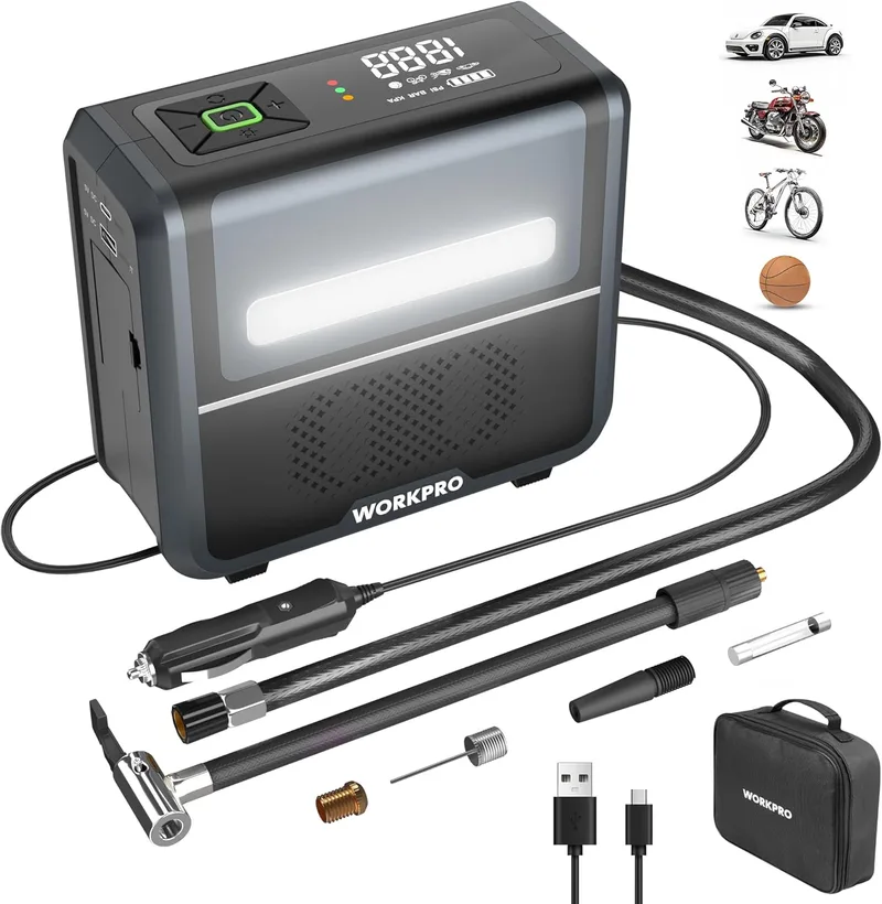 WORKPRO ▫️ Compressor de ar portátil 3 em 1, luz LED e power bank | Ecrã digital e desligamento automático para encher pneus de automóveis, motos, bicicletas e bolas