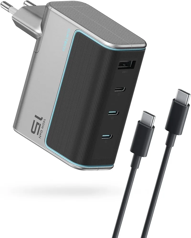 CUKTECH ▫️ 140 W Carregador USB-C Rápido GAN PD 3.1, 4 portas com cabo Type-C de 240 W e 1,5 m. Carregador compatível com MacBook, iPhone série 16, iPad, Pixel e muito mais