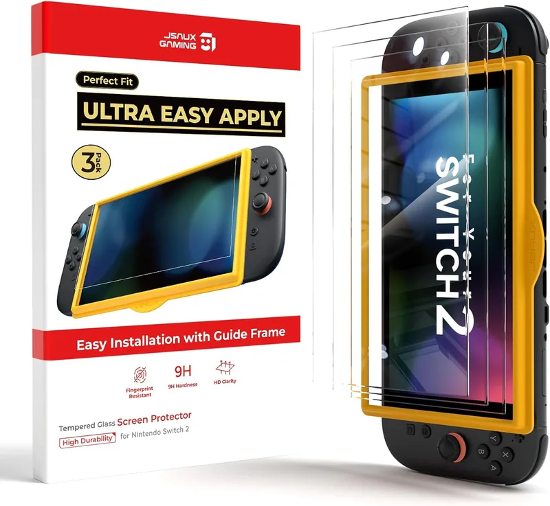 JSAUX ▫️ Proteção de Ecrã Ultra HD para Nintendo Switch 2, Conjunto de 3 | Vidro temperado 9H, Instalação sem bolhas, Moldura de montagem, Alta nitidez HD, Cores vivas e originais