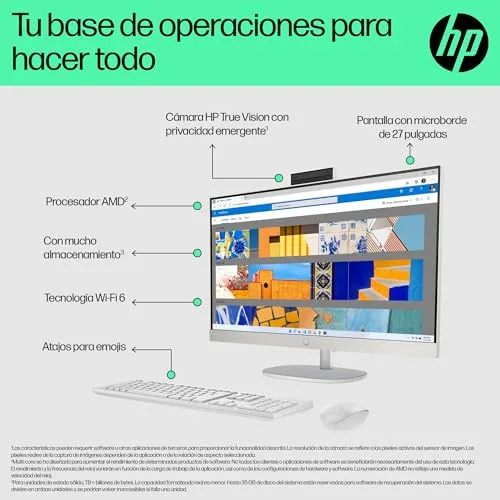 HP ▫️ All-in-One 27-cr0007ss - Computador de secretária de 27" Full HD com câmara, teclado e rato sem fios (AMD Ryzen 5 7520U, 16 GB de RAM, SSD de 512 GB, Windows 11 Home) Branco 3