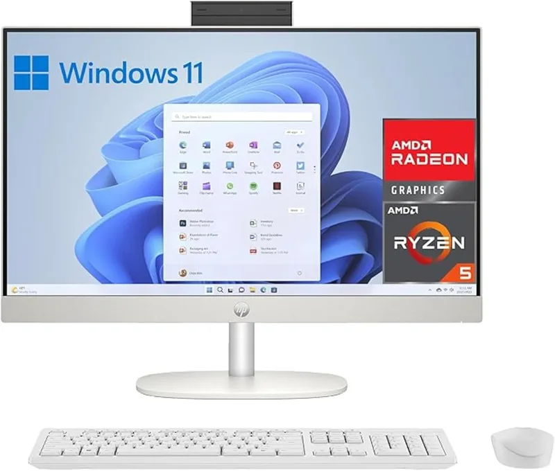 HP ▫️ All-in-One 27-cr0007ss - Computador de secretária Full HD de 27" com câmara, teclado e rato sem fios (AMD Ryzen 5 7520U, 16 GB de RAM, 512 GB SSD, Windows 11 Home) Branco