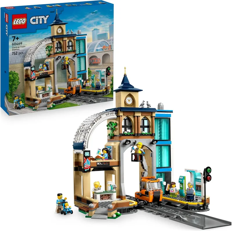 LEGO City Estação Ferroviária Central - Estação de comboios com carruagem, máquina de bilhetes, café de brinquedo, 2 plataformas e carris - 6 minifiguras - Prenda para Rapazes e Raparigas a partir dos 7 anos 60469