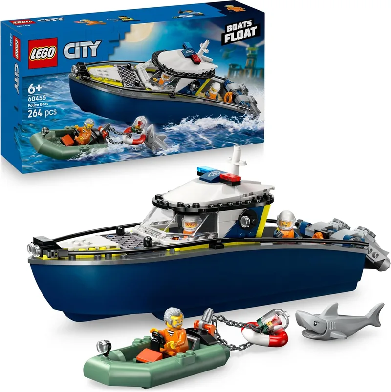 LEGO ▫️ City Perseguição de Barco da Polícia - Conjunto da Polícia com 2 Barcos de Brinquedo, 3 Minifiguras e Figura de Tubarão - Prenda para Rapazes e Raparigas a partir dos 6 anos 60456
