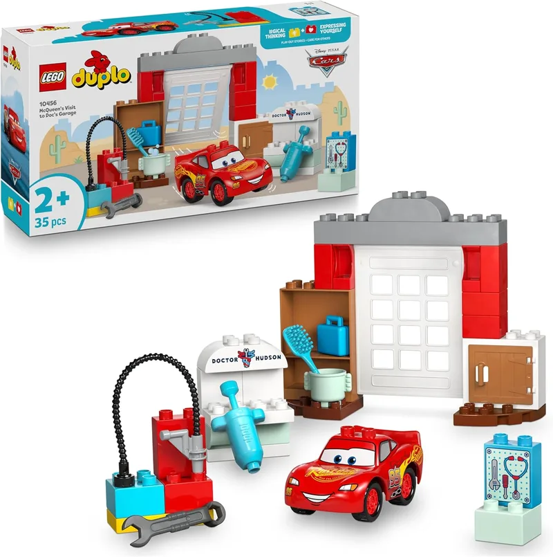 LEGO ▫️ Duplo | Disney e Pixar: A visita do McQueen à oficina do Doc - Carro de corrida de brincar da série «Cars», lavagem de carros e acessórios - Presente para meninos e meninas a partir dos 2 anos 10456