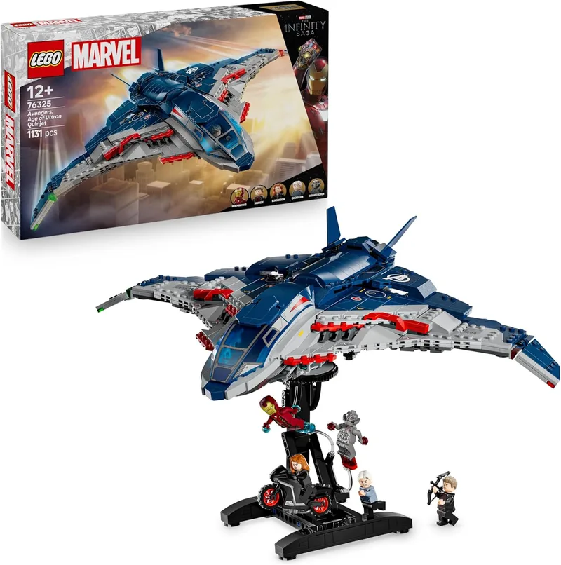 LEGO ▫️ Marvel Quinjet dos Vingadores: A Era de Ultron - Avião de brincar de super-heróis com mota e 5 minifiguras incluídas Homem de Ferro, Viúva Negra e Olho de Falcão - Presente para crianças e rapazes a partir dos 12 anos 76325