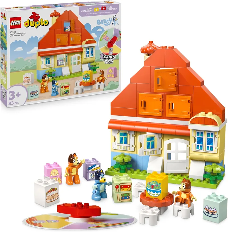 LEGO Duplo Bluey's Casa da Família Bluey's com Jogo da Memória - Brinquedo Infantil Interativo 2 em 1 - Jogo de Tabuleiro - 3 Figuras e Janelas que Abrem - Prenda para Raparigas e Rapazes 3+ Anos 10459