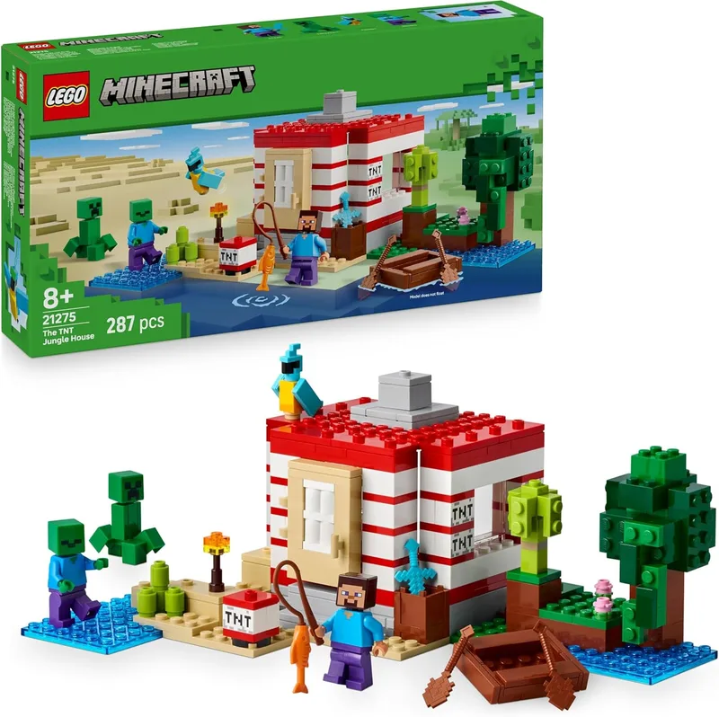 LEGO Minecraft O brinquedo Casa de Dinamite da Selva LEGO Minecraft - Função de Explosão - Barco de Brinquedo, Steve, Creeper e Animais e Figuras de Zombies - Prenda de Gamer para Rapazes e Raparigas com mais de 8 anos 21275