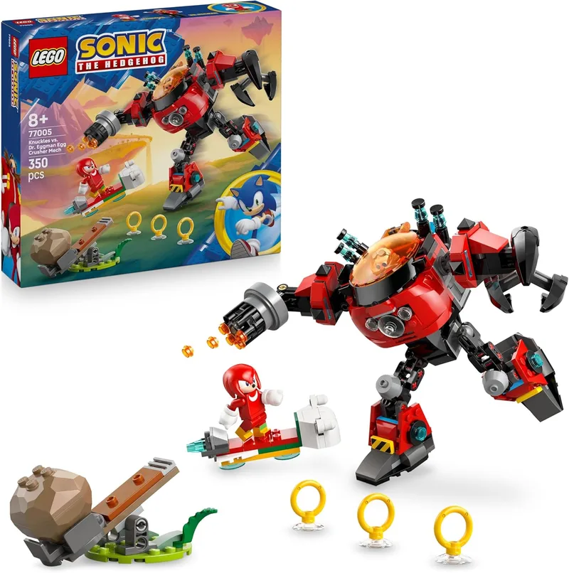LEGO ▫️ Sonic The Hedgehog: Knuckles vs. Dr. Eggman - Mech Egg Crusher - Conjunto de construção com 2 minifiguras, anéis e Esmeraldas do Caos - Presente inspirado nos videojogos para rapazes e raparigas a partir dos 8 anos - 77005