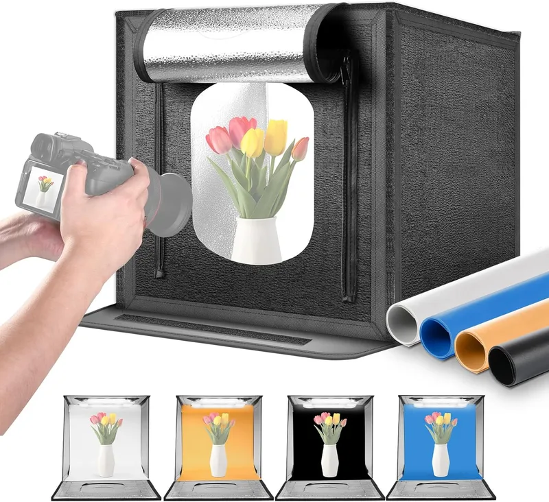 NEEWER ▫️ Caixa de luz de estúdio fotográfico 50W, 24 "x24" dobrável e portátil com 4 fundos, 5600 K, 160 LEDs, 5200 lx/0,5 m, regulável, para fotografia de jóias e eletrónica, LP60