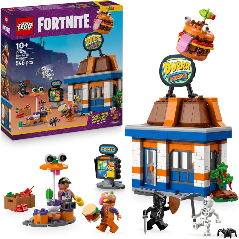 LEGO ▫️ Fortnite Restaurante de Hambúrgueres - Brinquedo de construção com minifiguras da Bombardera Playera, do Caudillo Cárnico, do Esqueleto e do Parco - Presente para gamers, para meninos e meninas a partir dos 10 anos 77076