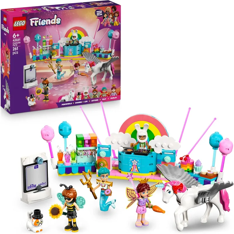 LEGO ▫️ Friends Festa de Máscaras com Unicórnio e Fada - Brinquedo para meninas a partir dos 6 anos - 4 mini-bonecas, figura de gato Churro e cavalo - Cabine fotográfica, palco e cabine de DJ - Ideia para presente 42661