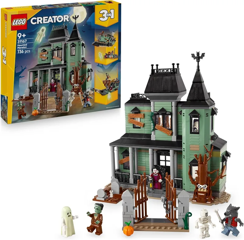 LEGO ▫️ Creator 3 em 1 Mansão Assombrada - Casa de brincar interativa que se transforma em navio fantasma ou comboio - 5 minifiguras, incluindo Frankenstein e o Lobisomem - Presente para meninos e meninas a partir dos 9 anos 31167