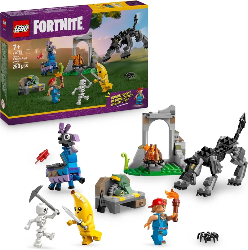 LEGO ▫️ Fortnite Acampamento do Banano e do Bujía - Figuras articuladas do Lobo e da Chama, fogueira e 3 minifiguras com armas de brincar - Presente para crianças a partir dos 7 anos, fãs do videojogo 77075