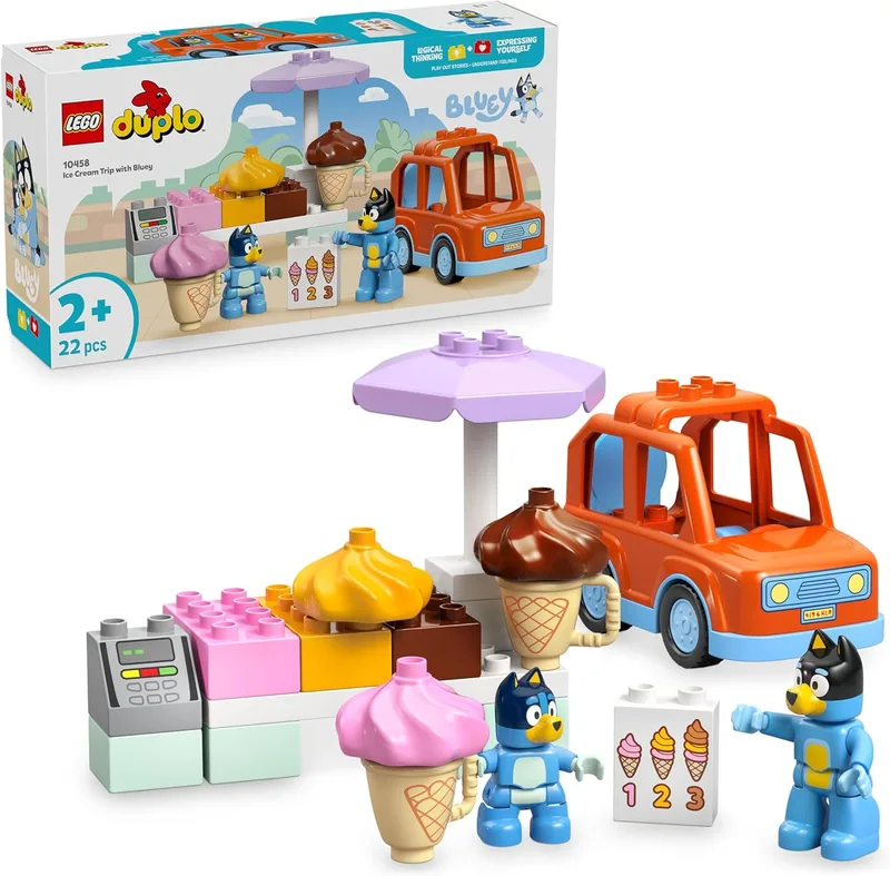 LEGO ▫️ Duplo Viagem à Geladaria Bluey com Bluey - Conjunto Educativo com Carro de Brinquedo, Carrinho de Gelados e 2 Figuras Inc. Bandido - Prenda para Raparigas e Rapazes 2+ Anos 10458