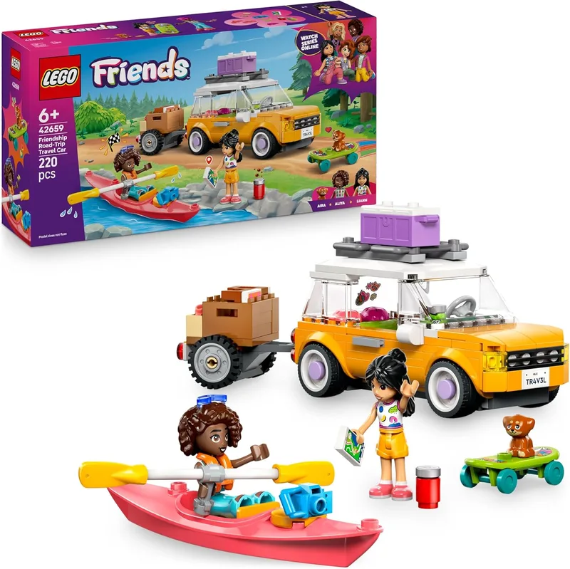 LEGO ▫️ Friends Amizade: Passeio de Carro pela Estrada - Veículo de Brincar com Reboque - 2 Mini Bonecas - Figura de Cão e Acessórios Incluídos Caiaque e skate - Presente para meninas a partir dos 6 anos 42659