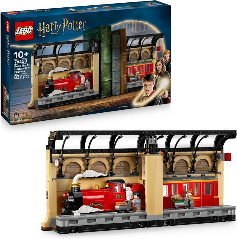 LEGO ▫️ Harry Potter Cantinho dos Livros: Expresso de Hogwarts - Suporte para livros com um comboio de brincar - 2 minifiguras (Harry e Ron Weasley) e figura da Hedwig - Presente para meninas e meninos a partir dos 10 anos 76450