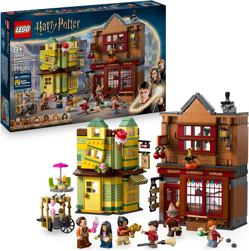 LEGO ▫️ Harry Potter: Artigos de Qualidade para Quidditch e Gelataria - Lojas do Beco Diagonal de Brinquedos - 6 minifiguras, Nimbus 2000 e Snitch Dourada - Presente para meninos e meninas a partir dos 8 anos 76452