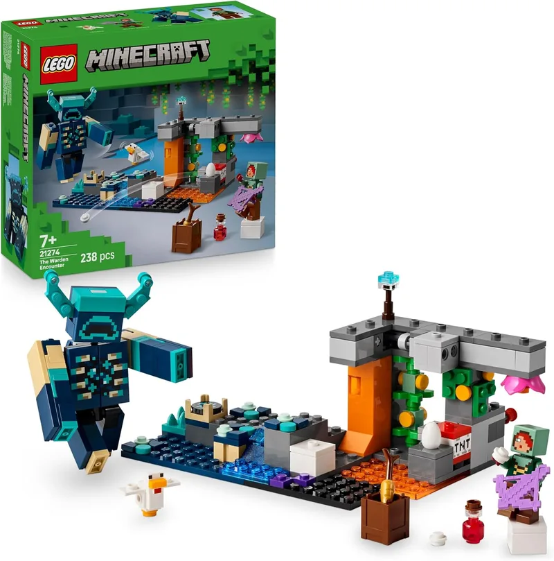 LEGO ▫️ Minecraft O Encontro com o Guardião - Brinquedo interativo com minifigura do Guarda-Floresta Silencioso - Função de dinamite e queda de rochas - Presente para gamers, para meninos e meninas a partir dos 7 anos 21274