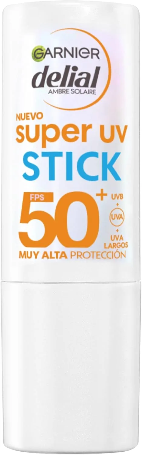 Delial ▫️ Garnier Super UV Stick Stick Antioxidante e Hidratante com [Vitamina E]. Proteção muito elevada SPF 50+. Acabamento invisível. Não oleoso. 9 ml