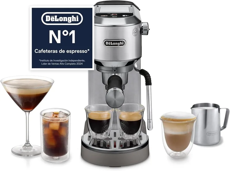 De'Longhi ▫️ Dedica Duo - Perfetto Máquina de café expresso manual compacta com bocal de leite manual, para café expresso, cappuccino e infusão a frio, ícones tácteis a cores, largura 15 cm, metal (EC890.M)