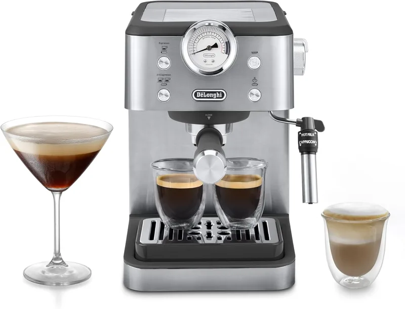 De'Longhi Classic EM450.M, máquina de café manual com varinha de vapor, máquina de café expresso com bomba de barista, bocal para cappuccino, filtro de parede dupla, 15 bar, chávena até 13 cm, aço inoxidável/metal