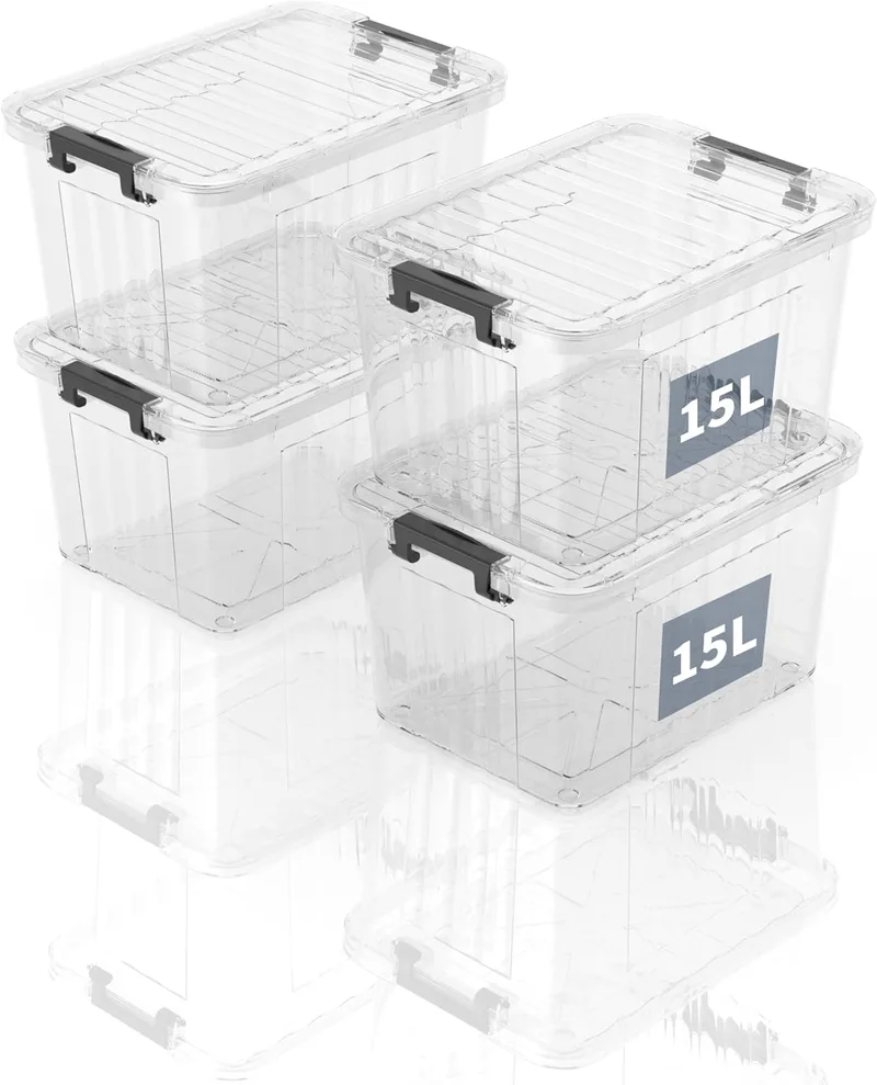 SpaceXpert ▫️ Caixas de armazenamento em plástico com tampa, padrão riscado, 15 L, contentor empilhável e resistente para casa, escritório e garagem, transparente em PP, organizador versátil, 15 L (conjunto de 4)