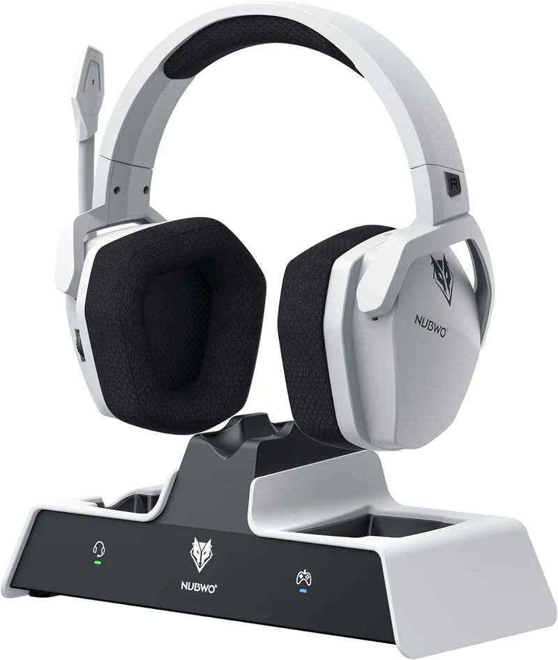 NUBWO ▫️ G06 Pro: Auscultadores sem fios para jogos com base de carregamento para auscultadores e comando PS5, baixa latência de 17 ms, autonomia da bateria de 120 h, drivers dinâmicos de 50 mm - Branco