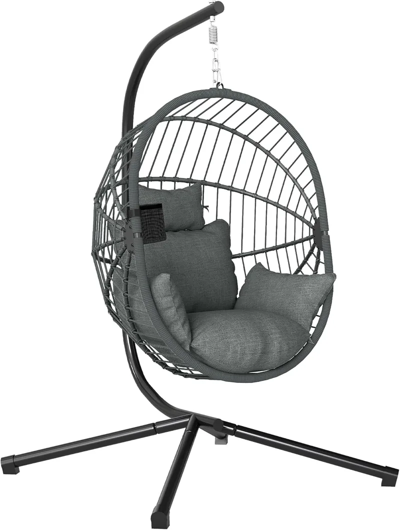 Outsunny ▫️ Cadeira suspensa em forma de ovo com suporte, baloiço de jardim para exterior com cesto dobrável, almofada e apoio para a cabeça; baloiço suspenso para interior e exterior, com capacidade para 120 kg, cinzento
