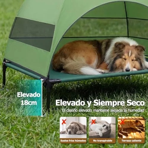 CJYMMFAN ▫️ Cama elevada para cães ao ar livre com teto, espreguiçadeira dobrável com pés antiderrapantes, tenda para cães ao ar livre com ampla sombra, cama elevada para acampamento, jardim e praia (verde, L) 3