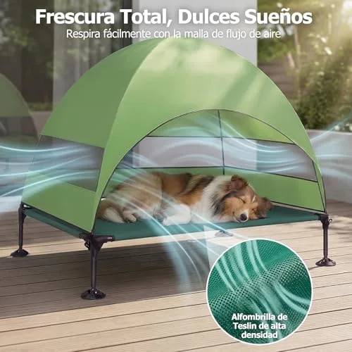 CJYMMFAN ▫️ Cama elevada para cães ao ar livre com teto, espreguiçadeira dobrável com pés antiderrapantes, tenda para cães ao ar livre com ampla sombra, cama elevada para acampamento, jardim e praia (verde, L) 4