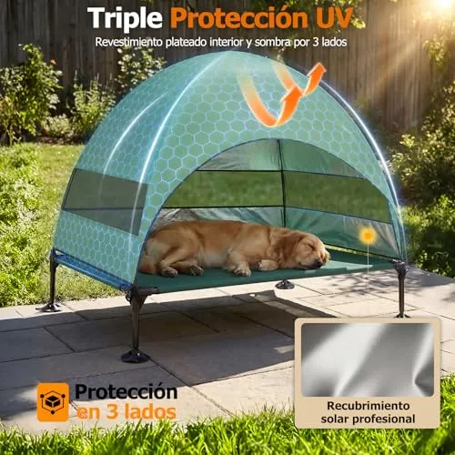 CJYMMFAN ▫️ Cama elevada para cães ao ar livre com teto, espreguiçadeira dobrável com pés antiderrapantes, tenda para cães ao ar livre com ampla sombra, cama elevada para acampamento, jardim e praia (verde, L) 5