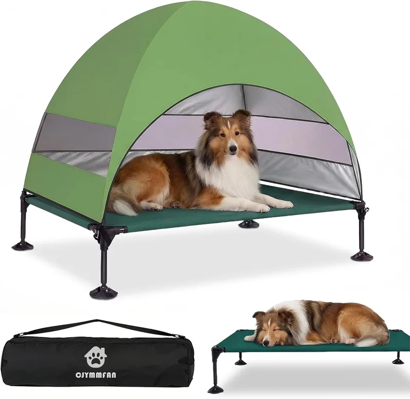 CJYMMFAN ▫️ Cama elevada para cães ao ar livre com teto, espreguiçadeira dobrável com pés antiderrapantes, tenda para cães ao ar livre com ampla sombra, cama elevada para acampamento, jardim e praia (verde, L)