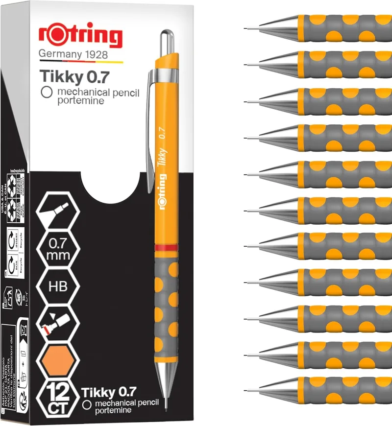 Rotring ▫️ Porta-lápis Tikky | HB 0,7 mm | Corpo cor de calêndula | Leve, com pega em borracha