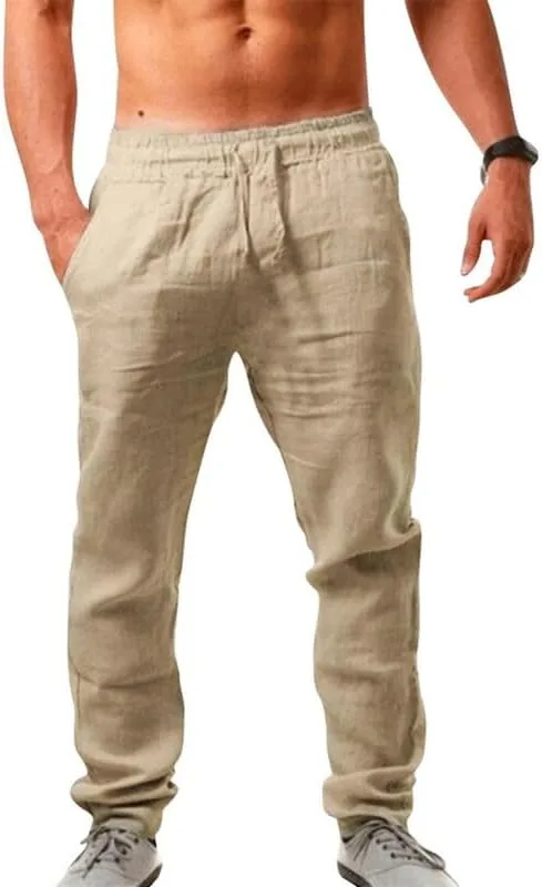 Litthing ▫️ Calças de linho para homem Calças para homem Calças de algodão leves de verão para praia, largas e confortáveis, com bolsos e cordão