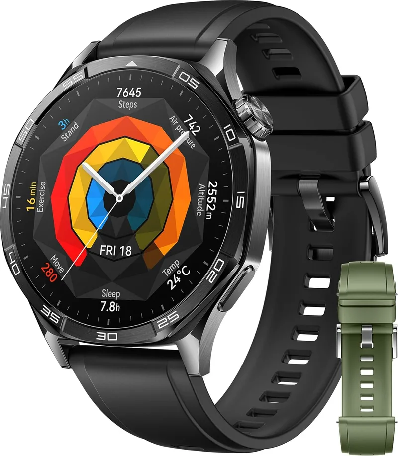 HUAWEI ▫️ Watch GT 5 46 mm Preto + Bracelete em Fluoroelastómero EasyFit 3 Verde Abeto (46 mm), Desporto de alto nível, Monitorização da saúde, ECG, 14 dias de autonomia da bateria, GPS, Chamada Bluetooth, iOS Android