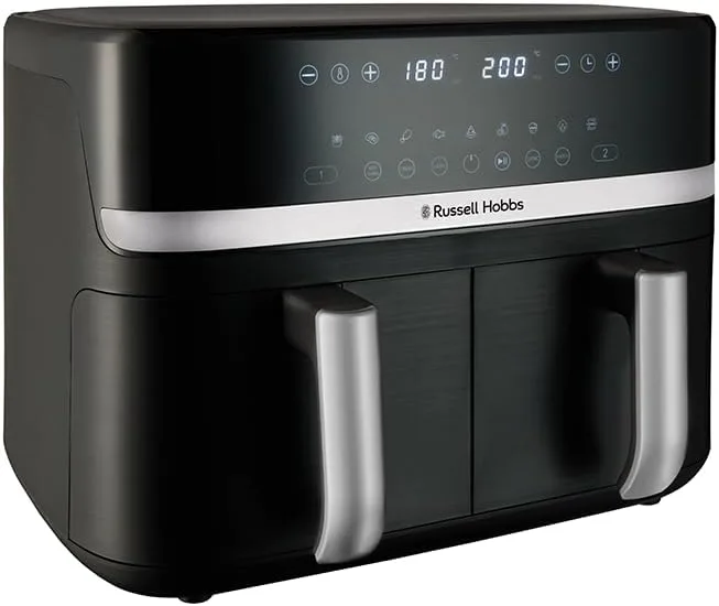 Russell Hobbs ▫️ Fritadeira de ar quente fritadeira sem óleo, cesto duplo de 9 l, Air Fryer, ruído reduzido, 9 programas, Rapid Air, máx. 200 °C, ecrã tátil, cestos laváveis na máquina de lavar louça, 2800 W, Satisfry 27681-56