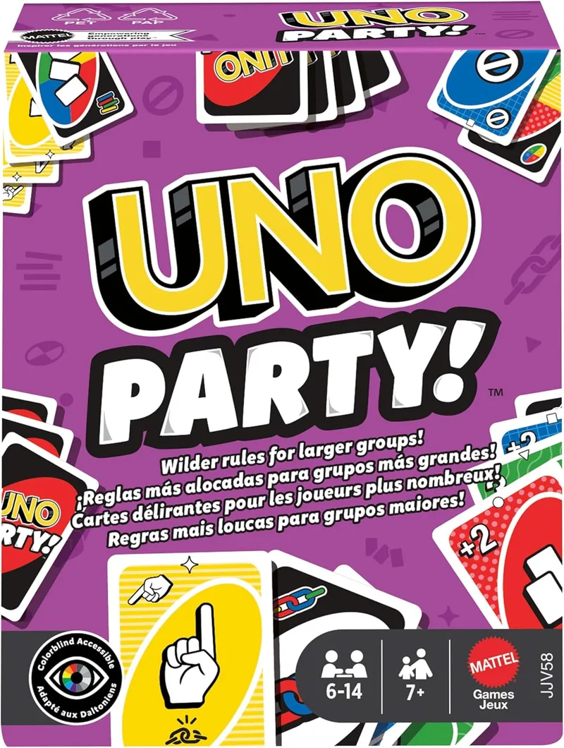UNO ▫️ Mattel Games Party, jogo de cartas com baralho e regras especiais para grandes grupos, crianças, adultos e noites em família, 6 a 14 jogadores, a partir dos 7 anos, JJV58
