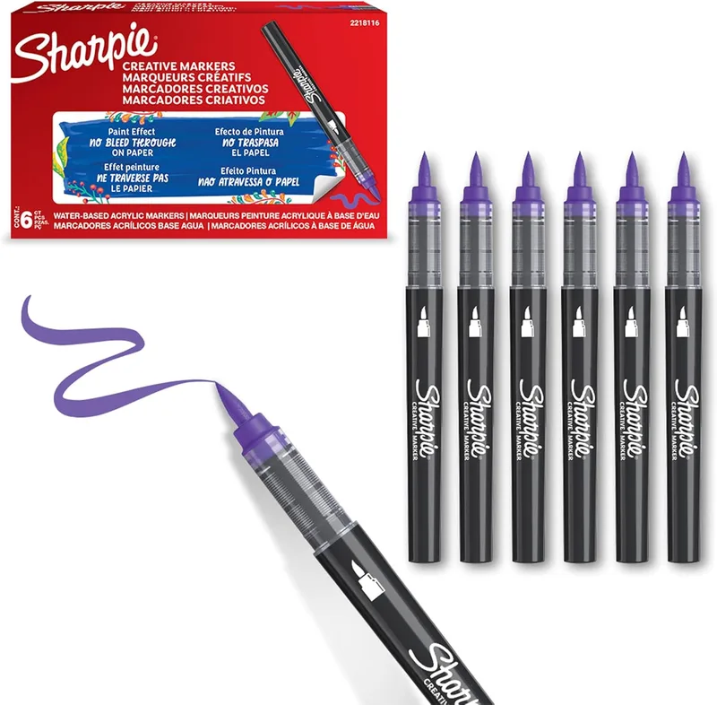 Sharpie ▫️ Marcadores : marcadores acrílicos criativos com ponta de pincel à base de água | Escrevem na maioria das superfícies | Materiais para artes e trabalhos manuais | Lilás | 6 unidades