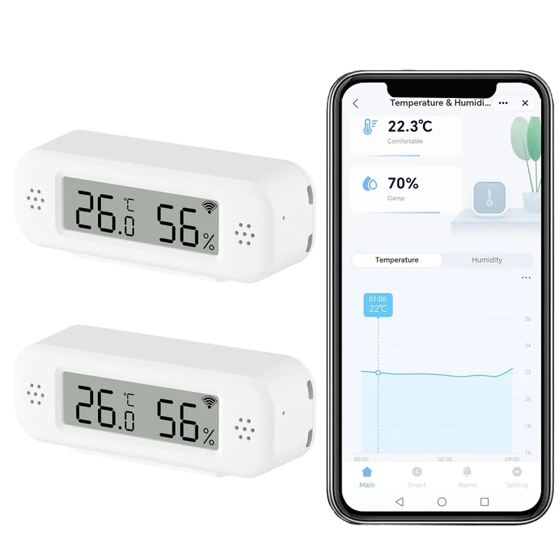 Zecamin ▫️ Termómetro Digital Inteligente com Higrómetro, Sensor de Temperatura e Humidade Interior com Wi-Fi e Alertas na Aplicação, Mini-medidor de Temperatura com Armazenamento e Exportação de Dados, Compatível com Alexa. 2 unidades