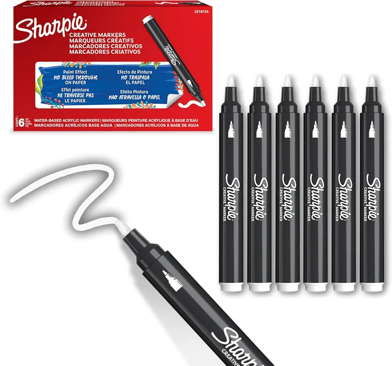 Marcadores acrílicos criativos Sharpie Marcadores de ponta de bala à base de água | Escreve na maioria das superfícies | Materiais de arte e artesanato | Branco | 6 peças.