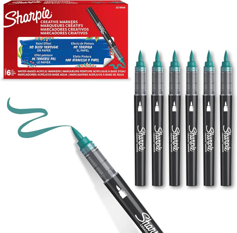 Sharpie ▫️ Marcadores : marcadores acrílicos criativos com ponta de pincel à base de água | Escrevem na maioria das superfícies | Materiais para artes e trabalhos manuais | Verde Esmeralda | 6 unidades
