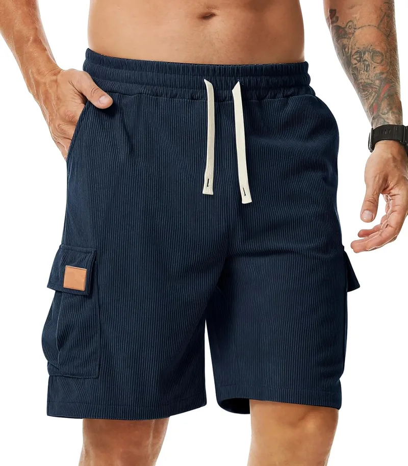 Comilaka ▫️ Calções casuais para homem com bolsos, tamanhos S-3XL | Calções desportivos de veludo cotelê, verão, cordão elástico, praia