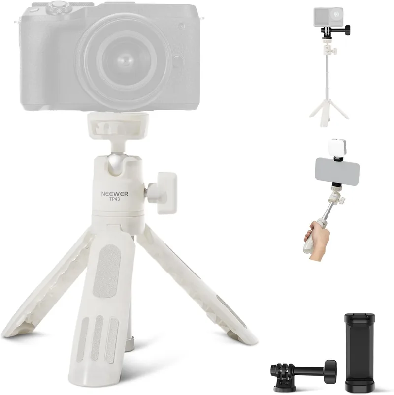 NEEWER ▫️ TP43 - Mini-tripé de secretária compatível com iPhone, GoPro, Insta360 e DJI, com cabeça esférica de 360°, eixo central elevado, pequena câmara de secretária portátil em metal, suporte para vlog