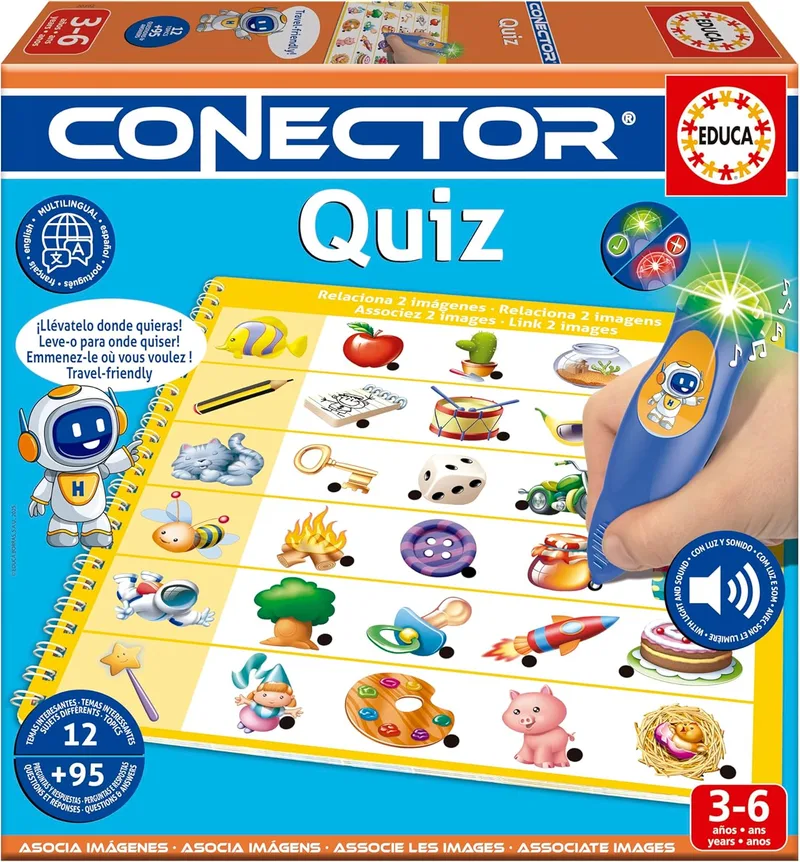 Educa ▫️ Connector Quiz | Jogo educativo com mais de 90 perguntas e respostas. 12 temas diferentes em formato de livro e lápis, com luz e som. Recomendado para crianças a partir dos 3 anos (20392)